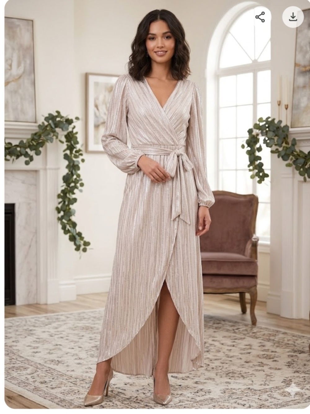 Guess Metallic Champagne High-Low Wrap Maxi Dress